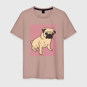 Мужская футболка хлопок с принтом Мопс на пепельно розовом серия второй в Новосибирске, 100% хлопок | прямой крой, круглый вырез горловины, длина до линии бедер, слегка спущенное плечо. | pug | декоративные породы | китайская порода | мопс | мопсы | пепельнорозовый | приглушенные цвета | собака | собачка