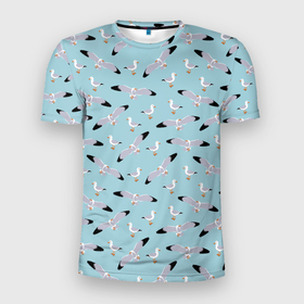 Мужская футболка 3D Slim с принтом Чайки паттерн в Екатеринбурге, 100% полиэстер с улучшенными характеристиками | приталенный силуэт, круглая горловина, широкие плечи, сужается к линии бедра | pattern | seagulls | нежный принт | паттерн | птицы | чайки
