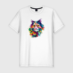 Мужская футболка хлопок Slim с принтом Colorful Cat в Екатеринбурге, 92% хлопок, 8% лайкра | приталенный силуэт, круглый вырез ворота, длина до линии бедра, короткий рукав | брызги | животные | кот | котик | питомец | радуга | цветной