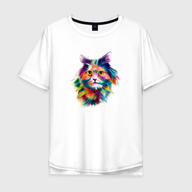 Мужская футболка хлопок Oversize с принтом Colorful Cat в Петрозаводске, 100% хлопок | свободный крой, круглый ворот, “спинка” длиннее передней части | брызги | животные | кот | котик | питомец | радуга | цветной
