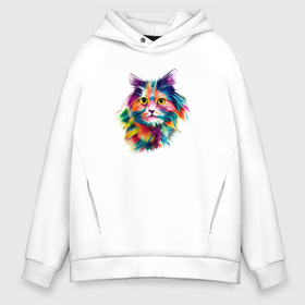 Мужское худи Oversize хлопок с принтом Colorful Cat в Кировске, френч-терри — 70% хлопок, 30% полиэстер. Мягкий теплый начес внутри —100% хлопок | боковые карманы, эластичные манжеты и нижняя кромка, капюшон на магнитной кнопке | Тематика изображения на принте: брызги | животные | кот | котик | питомец | радуга | цветной