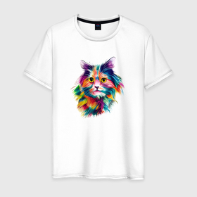 Мужская футболка хлопок с принтом Colorful Cat в Кировске, 100% хлопок | прямой крой, круглый вырез горловины, длина до линии бедер, слегка спущенное плечо. | брызги | животные | кот | котик | питомец | радуга | цветной