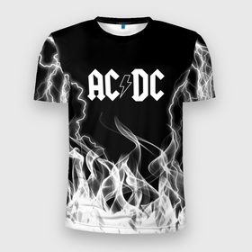 Мужская футболка 3D Slim с принтом AC DC Fire. в Петрозаводске, 100% полиэстер с улучшенными характеристиками | приталенный силуэт, круглая горловина, широкие плечи, сужается к линии бедра | Тематика изображения на принте: ac dc | acdc | ас дс | асдс | музыка | рок