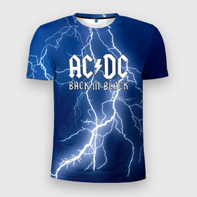 Мужская футболка 3D Slim с принтом AC DC гроза с молнией в Санкт-Петербурге, 100% полиэстер с улучшенными характеристиками | приталенный силуэт, круглая горловина, широкие плечи, сужается к линии бедра | Тематика изображения на принте: ac dc | acdc | ас дс | асдс | музыка | рок