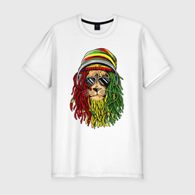 Мужская футболка хлопок Slim с принтом Rasta lioN в Екатеринбурге, 92% хлопок, 8% лайкра | приталенный силуэт, круглый вырез ворота, длина до линии бедра, короткий рукав | animal | dreadlocks | headphones | jah | jamaica | king | lion | music | rasta | rastafari | reggae | джа | дреды | лев | музыка | очки | раста | растаман | растафари | регги | рэгги | царь зверей | ямайка