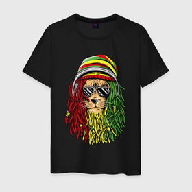 Мужская футболка хлопок с принтом Rasta lioN в Белгороде, 100% хлопок | прямой крой, круглый вырез горловины, длина до линии бедер, слегка спущенное плечо. | animal | dreadlocks | headphones | jah | jamaica | king | lion | music | rasta | rastafari | reggae | джа | дреды | лев | музыка | очки | раста | растаман | растафари | регги | рэгги | царь зверей | ямайка