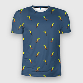 Мужская футболка 3D Slim с принтом Тукан паттерн в Белгороде, 100% полиэстер с улучшенными характеристиками | приталенный силуэт, круглая горловина, широкие плечи, сужается к линии бедра | pattern | toucan | паттерн | птицы | синий | темносиний | тукан | экзотические птицы