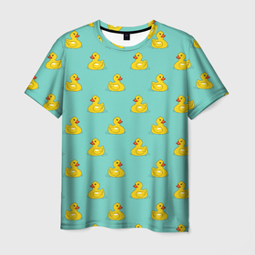 Мужская футболка 3D с принтом Желтый утенок паттерн в Екатеринбурге, 100% полиэфир | прямой крой, круглый вырез горловины, длина до линии бедер | бирюзовый | домашняя птица | желтый утенок | животное | паттерн | птица | утенок | утка