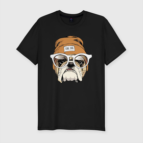 Мужская футболка хлопок Slim с принтом Cool dog , 92% хлопок, 8% лайкра | приталенный силуэт, круглый вырез ворота, длина до линии бедра, короткий рукав | bulldog | dog | eyes | fangs | hype | jaw | moustache | muzzle | tongue | бульдог | глаза | клыки | очки | пасть | пёс | собака | усы | хайп | язык
