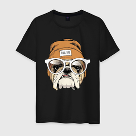 Мужская футболка хлопок с принтом Cool dog в Новосибирске, 100% хлопок | прямой крой, круглый вырез горловины, длина до линии бедер, слегка спущенное плечо. | bulldog | dog | eyes | fangs | hype | jaw | moustache | muzzle | tongue | бульдог | глаза | клыки | очки | пасть | пёс | собака | усы | хайп | язык