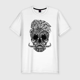 Мужская футболка хлопок Slim с принтом Skull hipster в Екатеринбурге, 92% хлопок, 8% лайкра | приталенный силуэт, круглый вырез ворота, длина до линии бедра, короткий рукав | hipster | hype | moustache | pattern | skull | teeth | зубы | узор | усы | хайп | хипстер | череп