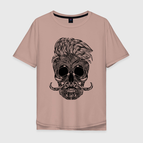 Мужская футболка хлопок Oversize с принтом Skull hipster в Санкт-Петербурге, 100% хлопок | свободный крой, круглый ворот, “спинка” длиннее передней части | hipster | hype | moustache | pattern | skull | teeth | зубы | узор | усы | хайп | хипстер | череп