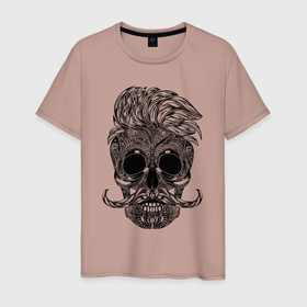 Мужская футболка хлопок с принтом Skull hipster в Белгороде, 100% хлопок | прямой крой, круглый вырез горловины, длина до линии бедер, слегка спущенное плечо. | hipster | hype | moustache | pattern | skull | teeth | зубы | узор | усы | хайп | хипстер | череп