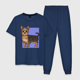 Мужская пижама хлопок с принтом Йоркширский терьер на синем мальчик в Санкт-Петербурге, 100% хлопок | брюки и футболка прямого кроя, без карманов, на брюках мягкая резинка на поясе и по низу штанин
 | Тематика изображения на принте: dog | yorkshire | декоративная собака | животное | йорик | йоркширский терьер | питомец | синий | собака | собачка