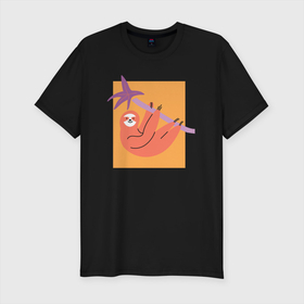 Мужская футболка хлопок Slim с принтом Яркий ленивец серия первый в Белгороде, 92% хлопок, 8% лайкра | приталенный силуэт, круглый вырез ворота, длина до линии бедра, короткий рукав | sloth | векторная графика | животные | звери | ленивец | яркий принт