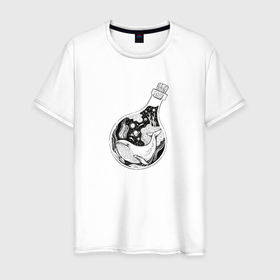 Мужская футболка хлопок с принтом Море в бутылке в Белгороде, 100% хлопок | прямой крой, круглый вырез горловины, длина до линии бедер, слегка спущенное плечо. | sea | whale | бутылка | кит | мир | море