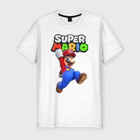 Мужская футболка хлопок Slim с принтом Nintendo Mario в Екатеринбурге, 92% хлопок, 8% лайкра | приталенный силуэт, круглый вырез ворота, длина до линии бедра, короткий рукав | jeans | mario | nintendo | plumber | red cap | super mario | switch | видео игра | водопроводчик | игра | красная кепка | марио | нинтендо | свитч | супер марио