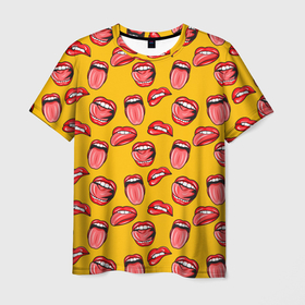 Мужская футболка 3D с принтом Wo Tong в Екатеринбурге, 100% полиэфир | прямой крой, круглый вырез горловины, длина до линии бедер | Тематика изображения на принте: ellow | lips | mouth | red | teeth | tongue | woman | губы | желтый | женский | зубы | красный | рот | язык
