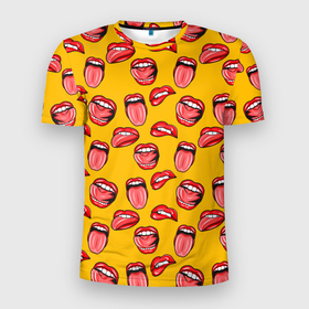 Мужская футболка 3D Slim с принтом Wo Tong в Тюмени, 100% полиэстер с улучшенными характеристиками | приталенный силуэт, круглая горловина, широкие плечи, сужается к линии бедра | ellow | lips | mouth | red | teeth | tongue | woman | губы | желтый | женский | зубы | красный | рот | язык