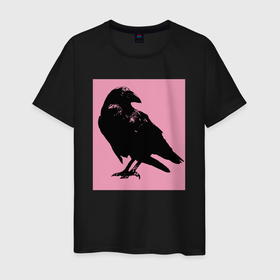 Мужская футболка хлопок с принтом Ворона на розовом в Новосибирске, 100% хлопок | прямой крой, круглый вырез горловины, длина до линии бедер, слегка спущенное плечо. | ворона | прямоугольник | птица | рисунок | розовый | ситуэт | черный ворон