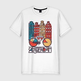 Мужская футболка хлопок Slim с принтом Амстердам  город велосипедистов в Петрозаводске, 92% хлопок, 8% лайкра | приталенный силуэт, круглый вырез ворота, длина до линии бедра, короткий рукав | амстердам | велосипед | голландия | европа | нидерланды | туризм