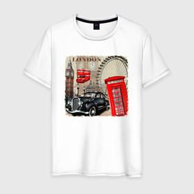 Мужская футболка хлопок с принтом Лондон в стиле ретро в Санкт-Петербурге, 100% хлопок | прямой крой, круглый вырез горловины, длина до линии бедер, слегка спущенное плечо. | uk | англия | великобритания | история | лондон | ретро