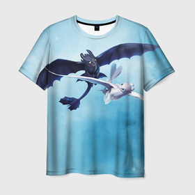 Мужская футболка 3D с принтом Фурии летят в облаках в Курске, 100% полиэфир | прямой крой, круглый вырез горловины, длина до линии бедер | how to train your dragon | беззубик | дракон | как приручить дракона | ночная фурия | скандинавия