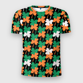 Мужская футболка 3D Slim с принтом Клевер в цветах Ирландского флага паттерн в Белгороде, 100% полиэстер с улучшенными характеристиками | приталенный силуэт, круглая горловина, широкие плечи, сужается к линии бедра | clover | irish | pattern | st. patricks day | день святого патрика | ирландия | ирландский флаг | клевер | паттерн | праздник | растения | трилистник | туристический