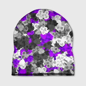 Шапка 3D с принтом Абстрактные фиалочки , 100% полиэстер | универсальный размер, печать по всей поверхности изделия | Тематика изображения на принте: абстракция | анютины глазки | камуфляж | паттерн | фиалки | фиолетовый | цветочки | цветы