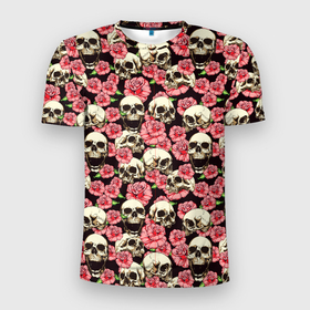 Мужская футболка 3D Slim с принтом Rоses  bones в Петрозаводске, 100% полиэстер с улучшенными характеристиками | приталенный силуэт, круглая горловина, широкие плечи, сужается к линии бедра | bone | bones | rose | roses | skull | skulls | кости | кричит | розы | череп | черепа