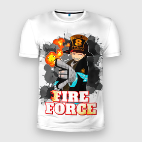 Мужская футболка 3D Slim с принтом Fire Force   Шинра Кусакабэ , 100% полиэстер с улучшенными характеристиками | приталенный силуэт, круглая горловина, широкие плечи, сужается к линии бедра | Тематика изображения на принте: 8 | fire force | kusakabe | shinra | shinra kusakabe | аниме | бригада пылающего пламени | герой | дьявол | кусакабэ | манга | пламенная бригада пожарных | пламенный отряд | след дьявола | шинра | шинра кусакабэ