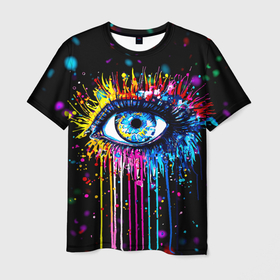 Мужская футболка 3D с принтом Арт Глаз Брызги в Петрозаводске, 100% полиэфир | прямой крой, круглый вырез горловины, длина до линии бедер | арт | брызги | глаза | звёзды | кляксы | космос | краски | неон | ночное небо