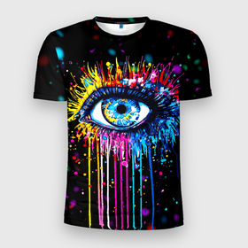 Мужская футболка 3D Slim с принтом Арт Глаз Брызги в Тюмени, 100% полиэстер с улучшенными характеристиками | приталенный силуэт, круглая горловина, широкие плечи, сужается к линии бедра | арт | брызги | глаза | звёзды | кляксы | космос | краски | неон | ночное небо