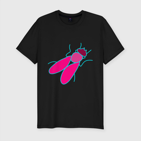 Мужская футболка хлопок Slim с принтом Муха розовая в Санкт-Петербурге, 92% хлопок, 8% лайкра | приталенный силуэт, круглый вырез ворота, длина до линии бедра, короткий рукав | животное | крыло | муха | мушка | насекомое | розовый