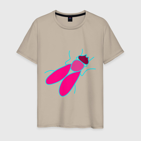 Мужская футболка хлопок с принтом Муха розовая в Тюмени, 100% хлопок | прямой крой, круглый вырез горловины, длина до линии бедер, слегка спущенное плечо. | животное | крыло | муха | мушка | насекомое | розовый