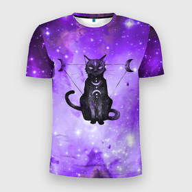 Мужская футболка 3D Slim с принтом космическая черная кошка в Тюмени, 100% полиэстер с улучшенными характеристиками | приталенный силуэт, круглая горловина, широкие плечи, сужается к линии бедра | cat | cosmos | астрономия | вселенная | галактика | звезды | инопланетяне | космос | кошка | нло