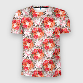 Мужская футболка 3D Slim с принтом Цветы   розы паттерн в Кировске, 100% полиэстер с улучшенными характеристиками | приталенный силуэт, круглая горловина, широкие плечи, сужается к линии бедра | паттерн | розочки | розы | цветочки | цветы