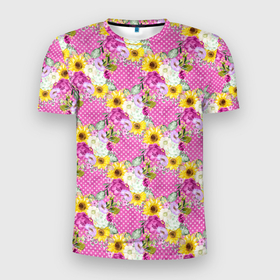 Мужская футболка 3D Slim с принтом Полевые фиолетовые и желтые цветочки в Тюмени, 100% полиэстер с улучшенными характеристиками | приталенный силуэт, круглая горловина, широкие плечи, сужается к линии бедра | паттерн | полевые | растения | цветочки | цветы
