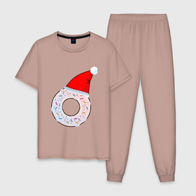 Мужская пижама хлопок с принтом Пончик в колпаке в Екатеринбурге, 100% хлопок | брюки и футболка прямого кроя, без карманов, на брюках мягкая резинка на поясе и по низу штанин
 | Тематика изображения на принте: вкусно | вкусняшка | десерт | еда | зима | колпак | новогодний | новый год | омноном | пирожное | пончик | праздник | праздничный | сладкое | сладость | торт | шапка