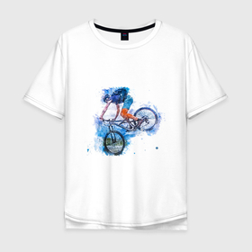 Мужская футболка хлопок Oversize с принтом MTB акварель в Петрозаводске, 100% хлопок | свободный крой, круглый ворот, “спинка” длиннее передней части | bike | mtb | акварель | велосипед | велосипедист | велоспорт | гонщик | горный | картина | мтб | экстрим | экстримальный