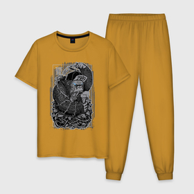 Мужская пижама хлопок с принтом Jungle Rage в Белгороде, 100% хлопок | брюки и футболка прямого кроя, без карманов, на брюках мягкая резинка на поясе и по низу штанин
 | Тематика изображения на принте: 1989 | cap | cap with fan | diamond | gorilla | icecream | jungle | rage | бриллиант | горилла | джунгли | кепка с вентилятором | мороженное | ярость