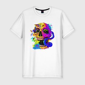 Мужская футболка хлопок Slim с принтом Art skull в Тюмени, 92% хлопок, 8% лайкра | приталенный силуэт, круглый вырез ворота, длина до линии бедра, короткий рукав | art | color | flowers | fly | hype | jaw | skull | teeth | зубы | искусство | муха | пасть | хайп | цвет | цветок | череп