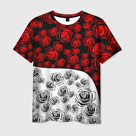 Мужская футболка 3D с принтом РОЗЫ   Красный   Волна в Курске, 100% полиэфир | прямой крой, круглый вырез горловины, длина до линии бедер | атака титанов | белый | букет | девочке | для девочки | для друга | для мальчика | как у всех | контраст | красный | подарок | рекомендации | роза | розы | узор | цветы | черно белый