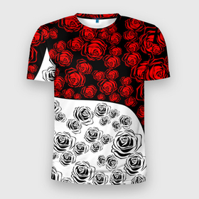 Мужская футболка 3D Slim с принтом РОЗЫ   Красный   Волна в Новосибирске, 100% полиэстер с улучшенными характеристиками | приталенный силуэт, круглая горловина, широкие плечи, сужается к линии бедра | атака титанов | белый | букет | девочке | для девочки | для друга | для мальчика | как у всех | контраст | красный | подарок | рекомендации | роза | розы | узор | цветы | черно белый