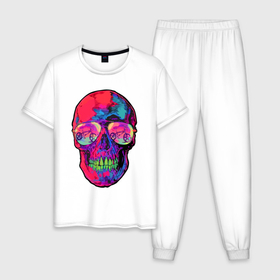 Мужская пижама хлопок с принтом Skull  bicycle в Новосибирске, 100% хлопок | брюки и футболка прямого кроя, без карманов, на брюках мягкая резинка на поясе и по низу штанин
 | Тематика изображения на принте: bicycle | color | hype | jaw | neon | orbits | skull | teeth | велосипед | глазницы | зубы | неон | пасть | хайп | цвет | череп