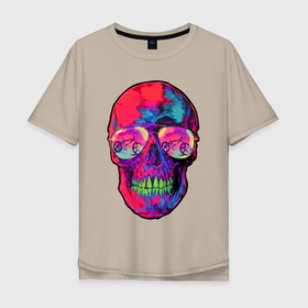 Мужская футболка хлопок Oversize с принтом Skull  bicycle в Петрозаводске, 100% хлопок | свободный крой, круглый ворот, “спинка” длиннее передней части | bicycle | color | hype | jaw | neon | orbits | skull | teeth | велосипед | глазницы | зубы | неон | пасть | хайп | цвет | череп