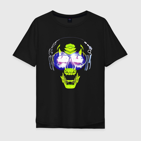Мужская футболка хлопок Oversize с принтом Neon skull   music lover в Белгороде, 100% хлопок | свободный крой, круглый ворот, “спинка” длиннее передней части | headphones | hype | jaw | music | music lover | neon | skull | teeth | зубы | меломан | музыка | наушники | неон | пасть | хайп | череп