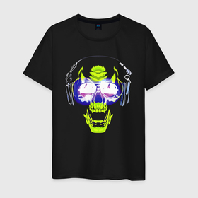 Мужская футболка хлопок с принтом Neon skull   music lover , 100% хлопок | прямой крой, круглый вырез горловины, длина до линии бедер, слегка спущенное плечо. | headphones | hype | jaw | music | music lover | neon | skull | teeth | зубы | меломан | музыка | наушники | неон | пасть | хайп | череп