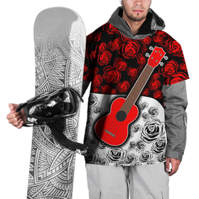 Накидка на куртку 3D с принтом Гитара   Розы   Контраст в Санкт-Петербурге, 100% полиэстер |  | Тематика изображения на принте: гитара | для друга | музыкальный инструмент | огонь | подарок | розый | струны | укулеле | цветы | черный