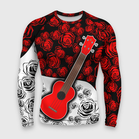 Мужской рашгард 3D с принтом Гитара  Розы  Контраст ,  |  | гитара | для друга | музыкальный инструмент | огонь | подарок | розый | струны | укулеле | цветы | черный